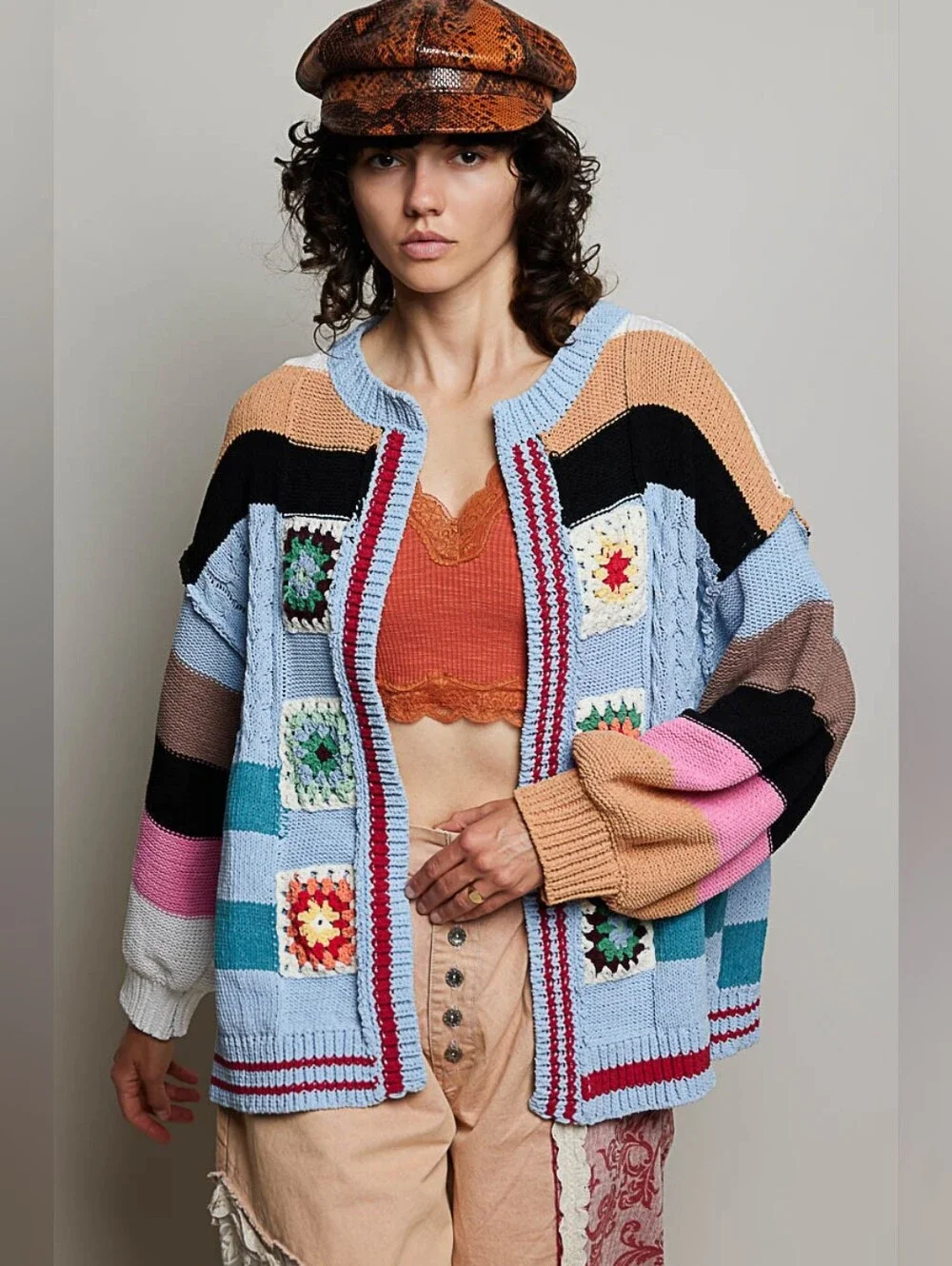 POL Crochet Granny Square Patch Chenille Sweater Cardigan Jogger Coordinated Set